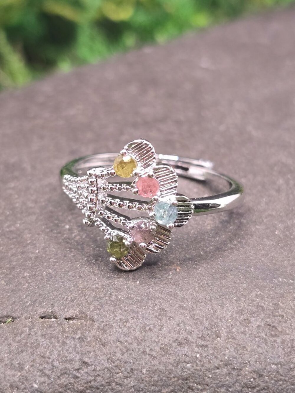 Watermelon Tourmaline Flower Adjustable Ring Size 6-10 Silver Tone Jewelry